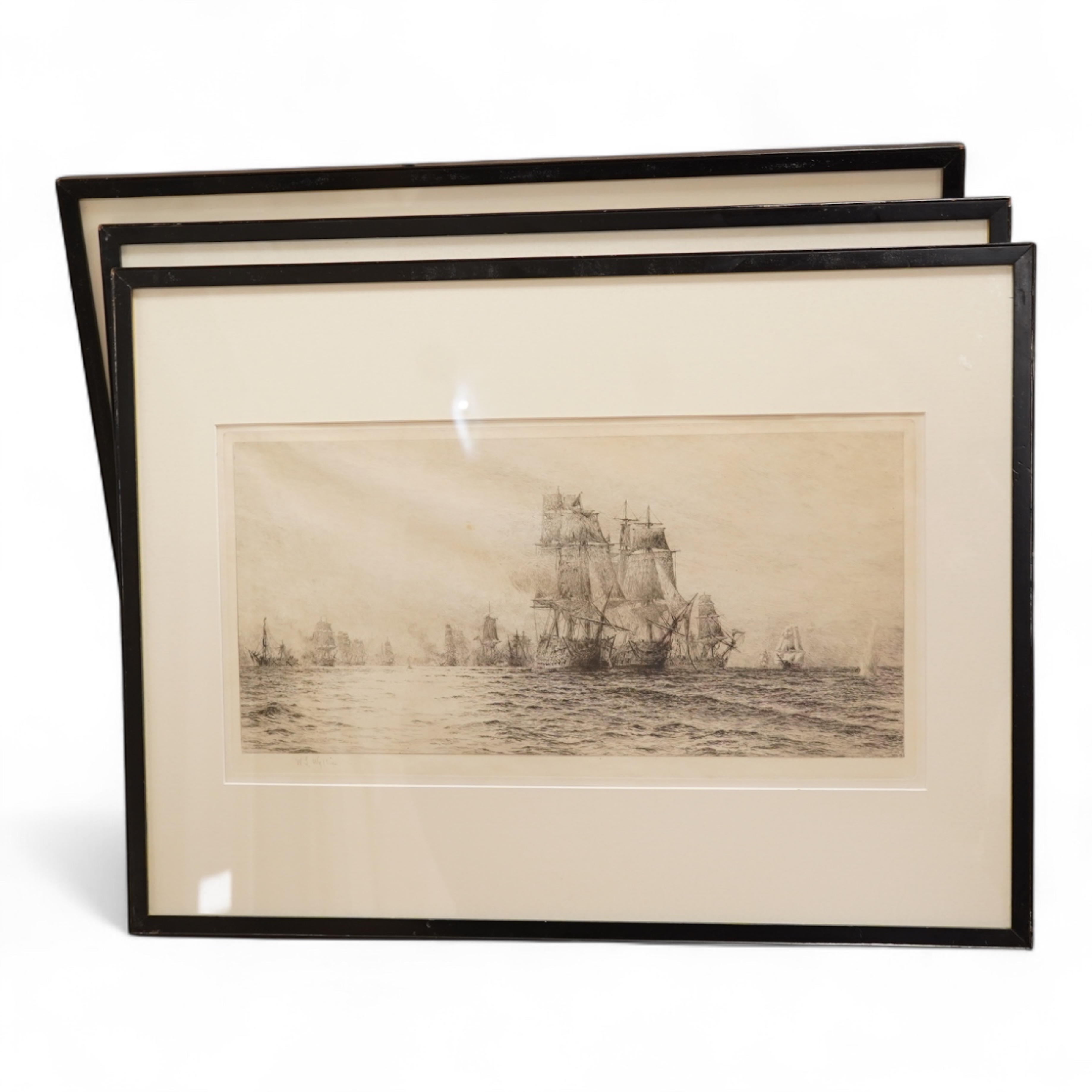 William Lionel Wyllie (1851-1931), The Battle of Trafalgar, each signed in pencil, set of three drypoint etchings, 21 x 40cm
